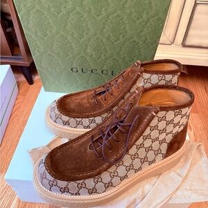 Gucci GG canvas and suede lace-up boots. Man size 11